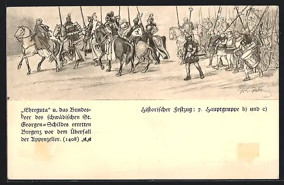 AK Bregenz, Voralberger Jahrhundertfeier 1909, Darstellung Historischer Feldzug Erretung von Bregenz 1408, Ganzsache