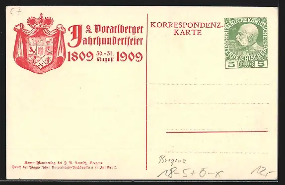 AK Bregenz, Voralberger Jahrhundertfeier 1909, Darstellung Historischer Feldzug Erretung von Bregenz 1408, Ganzsache