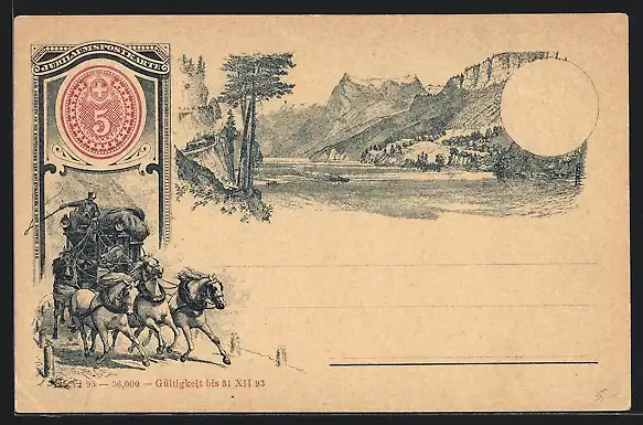 Lithographie Schweiz, Postkutsche, Idyllische Berglandschaft, Ganzsache