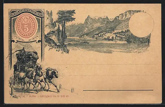 Lithographie Schweiz, Postkutsche, Idyllische Berglandschaft, Ganzsache