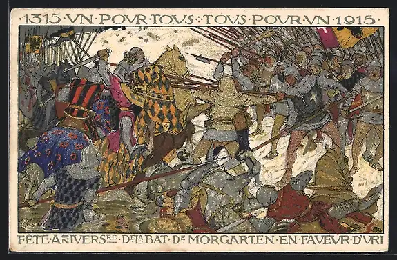 Künstler-AK Schlacht am Morgarten 1315, Speerträger kämpfen gegen Ritter auf Pferde, Ganzsache