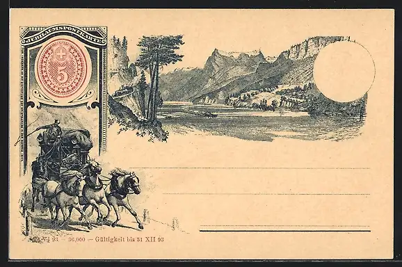 Lithographie Schweizer Postkutsche, Idyllische Berglandschaft, Ganzsache