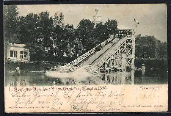 AK München, II. Kraft- und Arbeitsmaschinen-Ausstellung 1898, Wasserbahn, Ganzsache Bayern