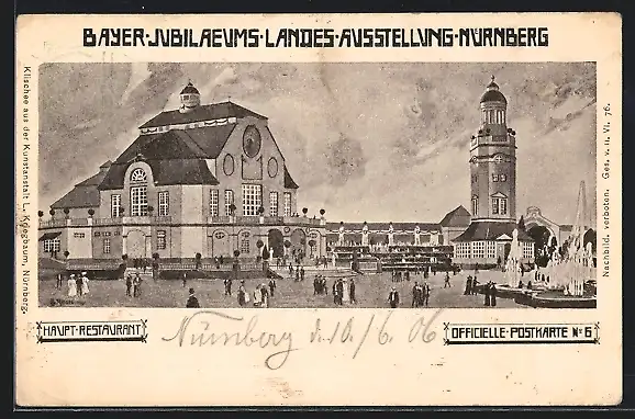Künstler-AK Nürnberg, Bayer. Jubiläums-Landes-Ausstellung 1906, Haupt-Restaurant, Ganzsache Bayern
