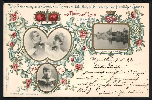 AK Regensburg, Jubiläumskarte Fürst Albert & Margaretha von Thurn & Taxis mit Erbprinz Franz Josef, Ganzsache Bayern