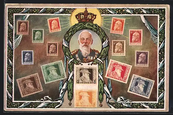 AK bayerische Briefmarken mit Abbildung des Prinzregenten Luitpold, Ganzsache Bayern
