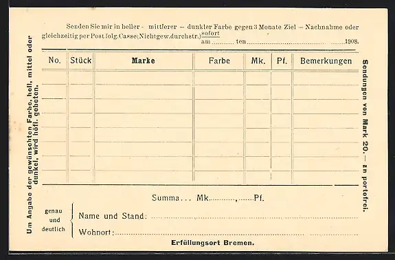 AK Bremen, Cigarren-Fabrik Heinrich Müller, Bestellung, Blanko, Ganzsache
