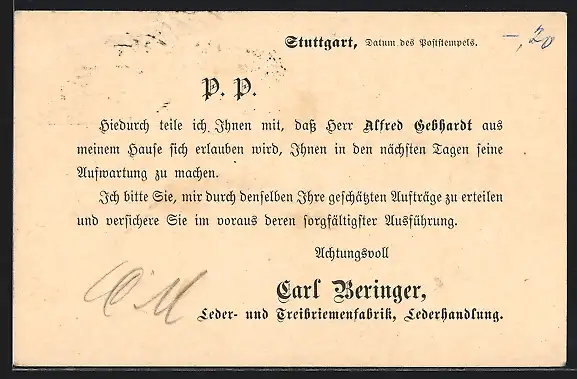 AK Stuttgart, Leder- und Treibriemenfabrik Carl Beringer, Vertreterkarte, Ganzsache