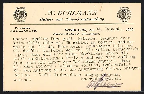 AK Berlin, Butter- und Käse-Grosshandlung W. Buhlmann, Prenzlauerstrasse 39, Ganzsache