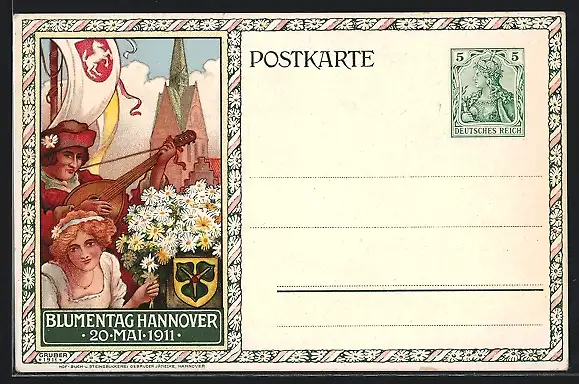 AK Hannover, Blumentag am 20. Mai 1911, Musiker mit Laute, Ganzsache
