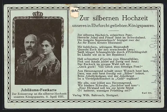 AK Jubiläums-Festkarte, Silberne Hochzeit des württembergischen Königspaares 1911, Ganzsache