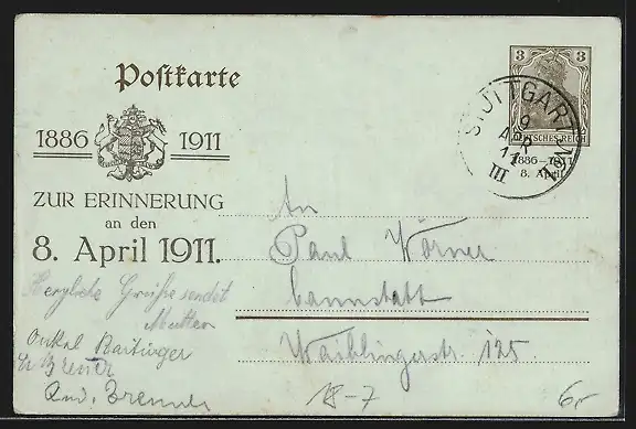 AK Jubiläums-Festkarte, Silberne Hochzeit des württembergischen Königspaares 1911, Ganzsache
