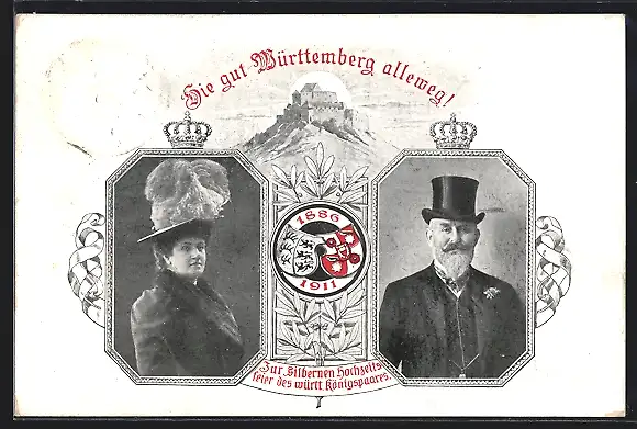 AK Zur Silberhochzeit des Württ. Königspaares, Portraits, Wappen, Ganzsache