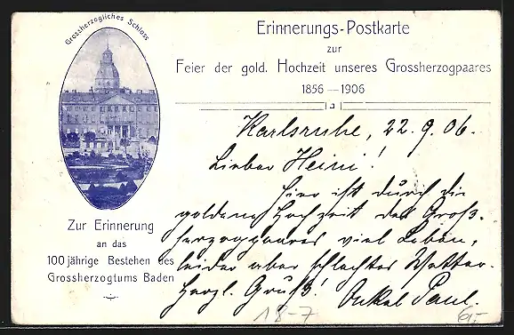 AK Erinnerungs-Karte zur Feier der gold. Hochzeit des Grossherzogpaares v. Baden 1906, Ganzsache