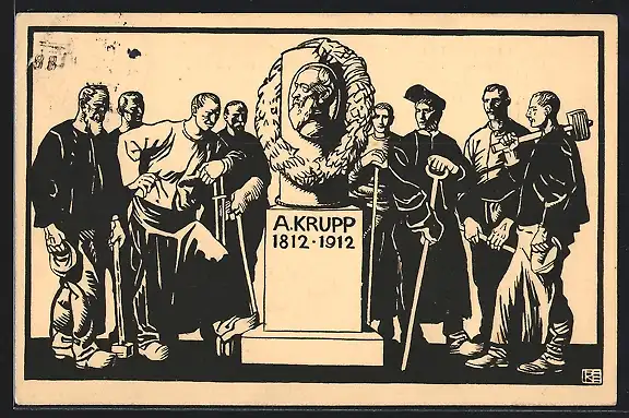 AK Essen, Alfred Krupp-Denkmal mit Arbeitern, Ganzsache