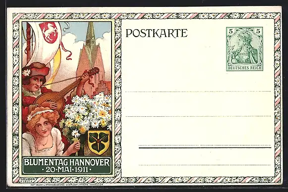AK Hannover, Blumentag am 20. Mai 1911, Musiker mit Laute, Ganzsache