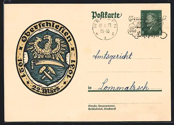 AK Oberschlesien, Wappen mit Adler, Sense und Hammer, Ganzsache