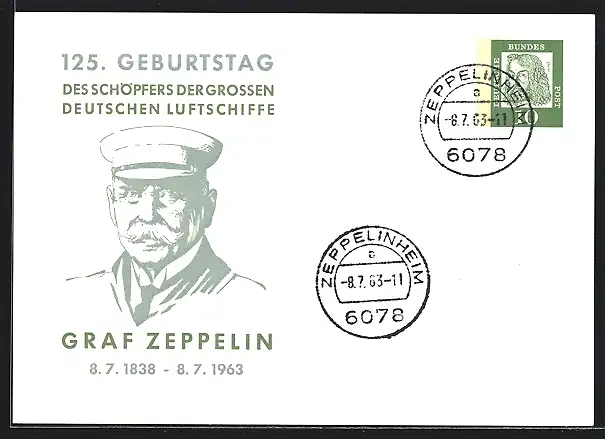 Künstler-AK Graf Zeppelin zum 125. Geburtstag 1963, Ganzsache