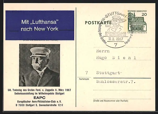 AK Stuttgart, Graf Ferd. v. Zeppelin zum 50. Todestag 1967, Gedenkausstellung im Wilhelmspalais, Ganzsache
