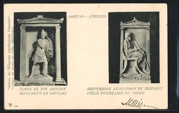 AK Athènes, Monument de Dipylon, Stèle Funéraire du Pirée, Ganzsache