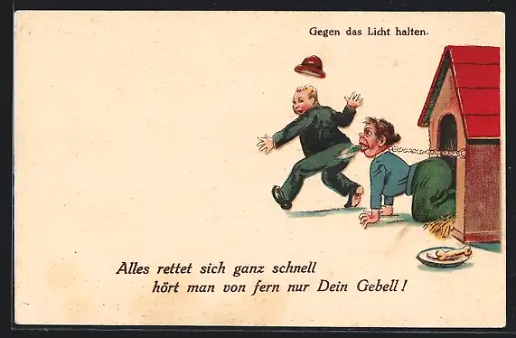Künstler-AK Frau in Hundehütte beisst Mann, Halt gegen das Licht