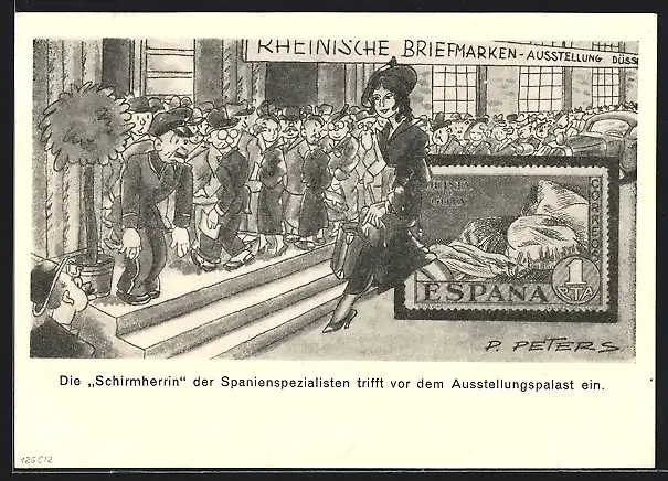 Künstler-AK Düsseldorf, Rheinische Briefmarken-Ausstellung 1936, Spanische Schirmherrin, Ganzsache