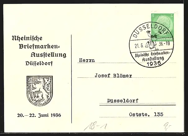 Künstler-AK Düsseldorf, Rheinische Briefmarken-Ausstellung 1936, Spanische Schirmherrin, Ganzsache