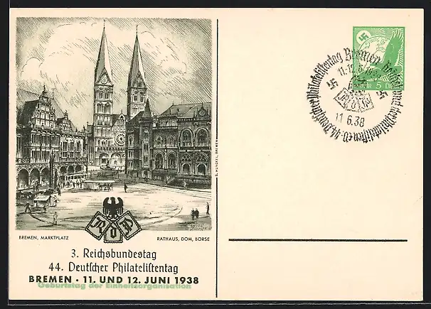 AK Bremen, 3. Reichsbundestag, 44. Deutscher Philatelistentag 1938, Marktplatz, Rathaus, Ganzsache