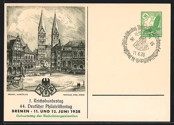 AK Bremen, 3. Reichsbundestag, 44. Deutscher Philatelistentag 1938, Marktplatz, Rathaus, Ganzsache