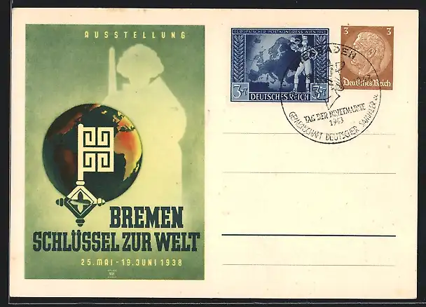 Künstler-AK Bremen, Ausstellung Schlüssel zur Welt 1938, Ganzsache