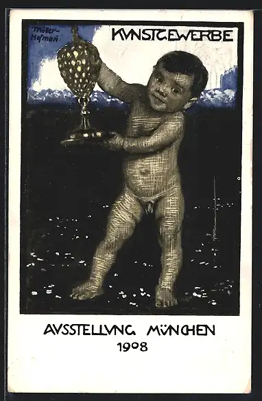 Künstler-AK München, Kunstgewerbe-Ausstellung 1908, Ganzsache Bayern