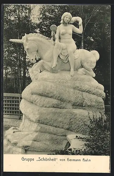 AK München, Ausstellung 1908, Gruppe Schönheit von Hermann Hahn, Ganzsache Bayern