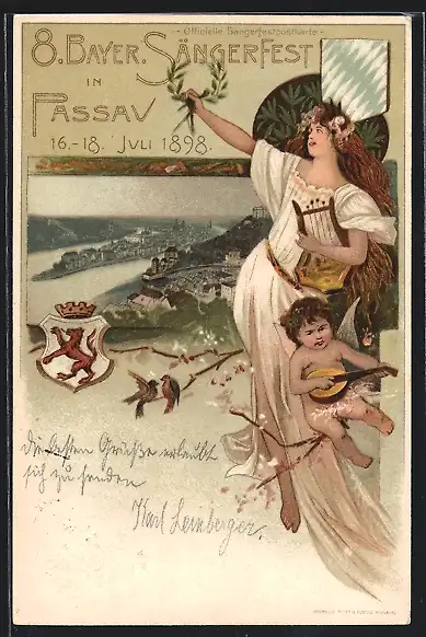 Lithographie Passau, 8. Bayer. Sängerfest 1898, Wappen, Ortsansicht, Engel mit Harfe, Ganzsache Bayern