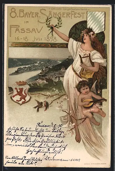 Lithographie Passau, 8. Bayer. Sängerfest 1898, Wappen, Ortsansicht, Engel mit Harfe, Ganzsache Bayern