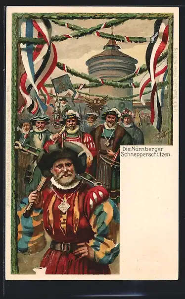 Lithographie Nürnberg, X. Deutsches Turnfest 1903, Nürnberger Schnepperschützen, Ganzsache Bayern