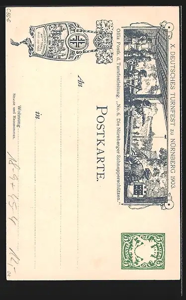 Lithographie Nürnberg, X. Deutsches Turnfest 1903, Nürnberger Schnepperschützen, Ganzsache Bayern