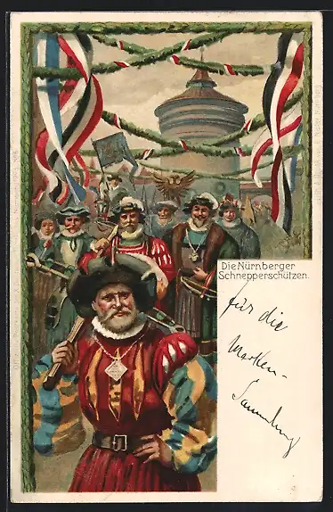 Lithographie Nürnberg, X. Deutsches Turnfest 1903, Nürnberger Schnepperschützen, Ganzsache Bayern