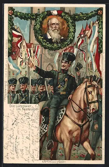 AK Nürnberg, Die Lützower im Festzuge, X. Deutsches Turnfest 1903, Turnvater Jahn, Ganzsache Bayern