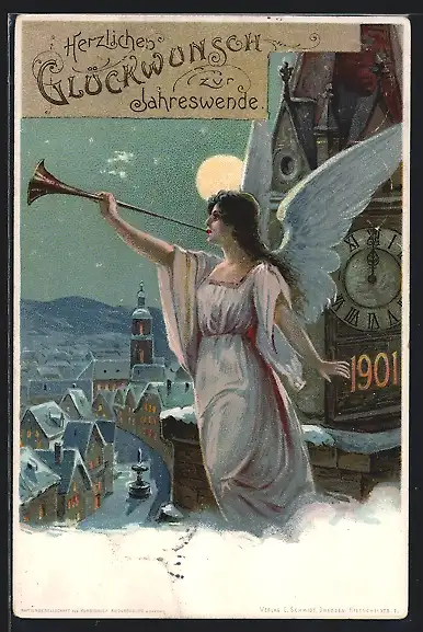 Lithographie Neujahrsengel bläst in Fanfare, Ganzsache