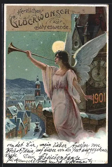 Lithographie Neujahrsengel bläst in Fanfare, Ganzsache