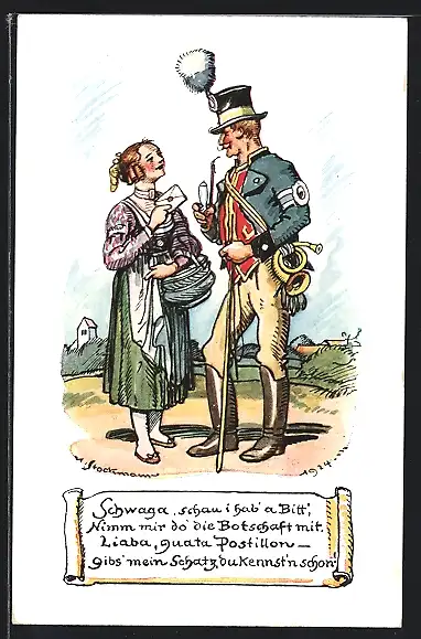 Künstler-AK Stockmann: Junge Frau gibt beim Postillon einen Brief auf, Ganzsache