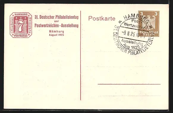 AK Hamburg, 31. Deutscher Philatelistentag und Postwertzeichen-Ausstellung 1925, St. Pauli Landungsbrücke, Ganzsache