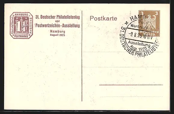 AK Hamburg, 31. Deutscher Philatelistentag 1925, Dampfschiff Cap Polonia, Ganzsache