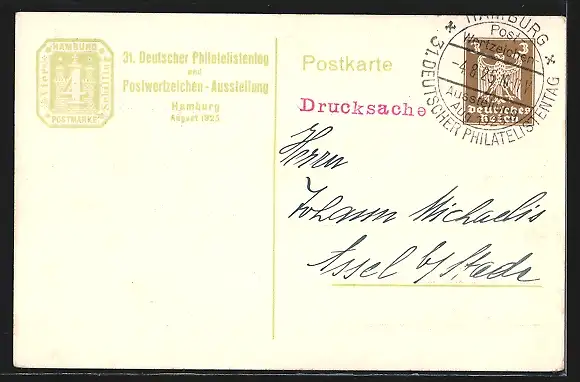 AK Hamburg, 31. Dt. Philatelistentag 1925, Fährhaus-Bucht, Ruderboote, Ganzsache