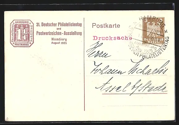 AK Hamburg, 31. Deutscher Philatelistentag 1925, Bismarck-Denkmal, Ganzsache