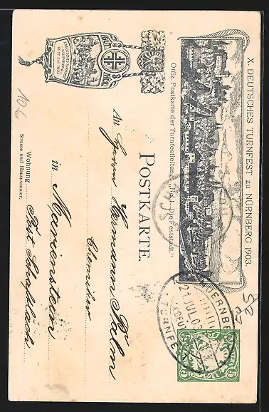 Künstler-AK Nürnberg, X. Deutsches Turnfest 1903, Einzug der Turner, Ganzsache Bayern