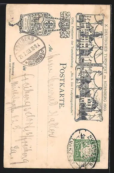 Künstler-AK Nürnberg, Deutsches Turnfest 1903, Willkommens-Gruss an die Turner, Ganzsache Bayern