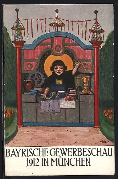 Künstler-AK München, Bayrische Gewerbeschau 1912, Müchner Kindl in einer Bude, Ganzsache Bayern