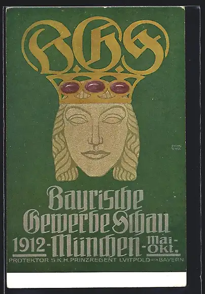 Künstler-AK München, Bayrische-Gewerbeschau 1912, Bavaria mit Krone, Ganzsache Bayern