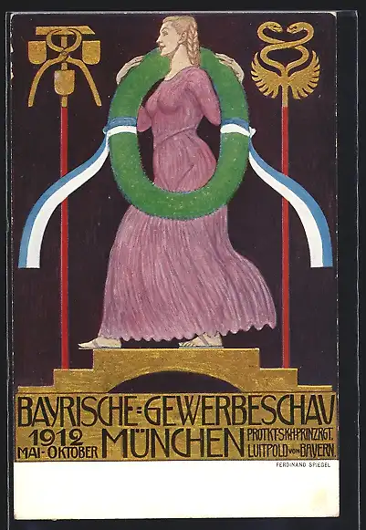 Künstler-AK Ferdinand Spiegel: München, Bayrische Gewerbe-Schau 1912, Ganzsache Bayern